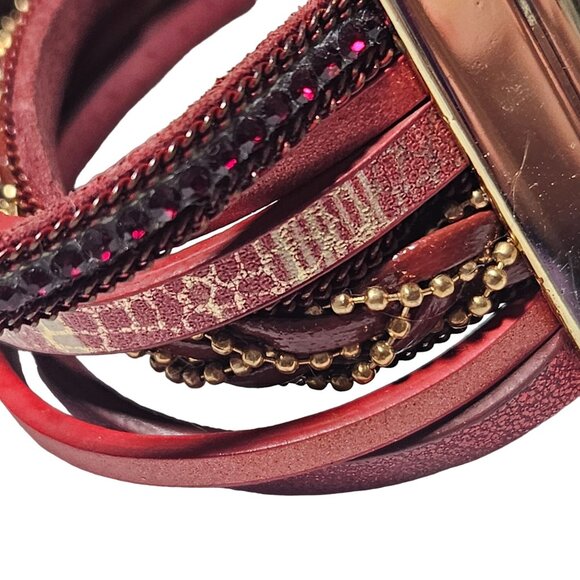 Boho Handmade Red Multi Layer Leather Stacked Bracelet Beaded Design Jewelry - Picture 4 of 7